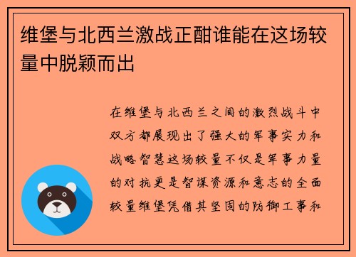 维堡与北西兰激战正酣谁能在这场较量中脱颖而出